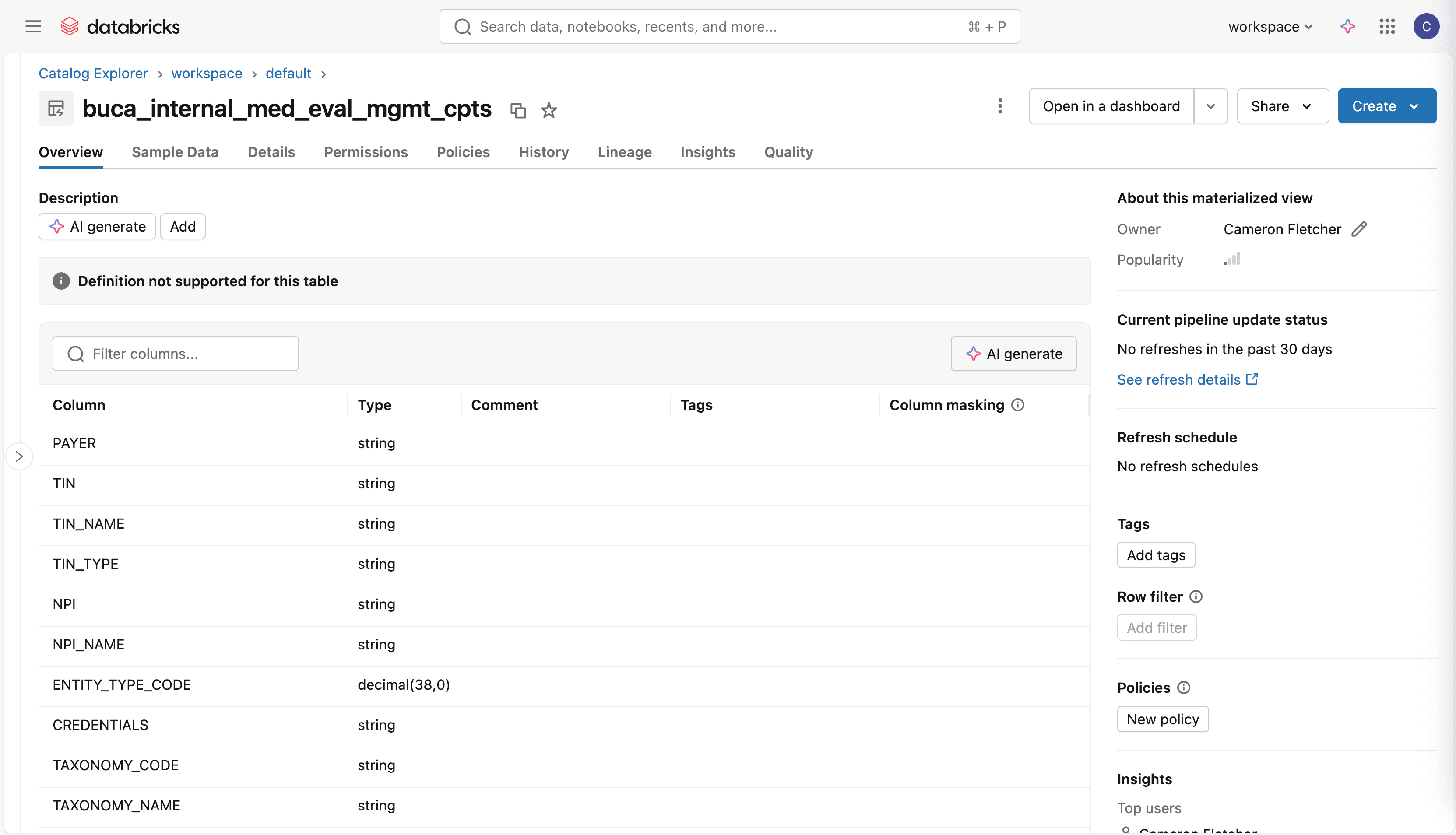PayerPrice Databricks schema example