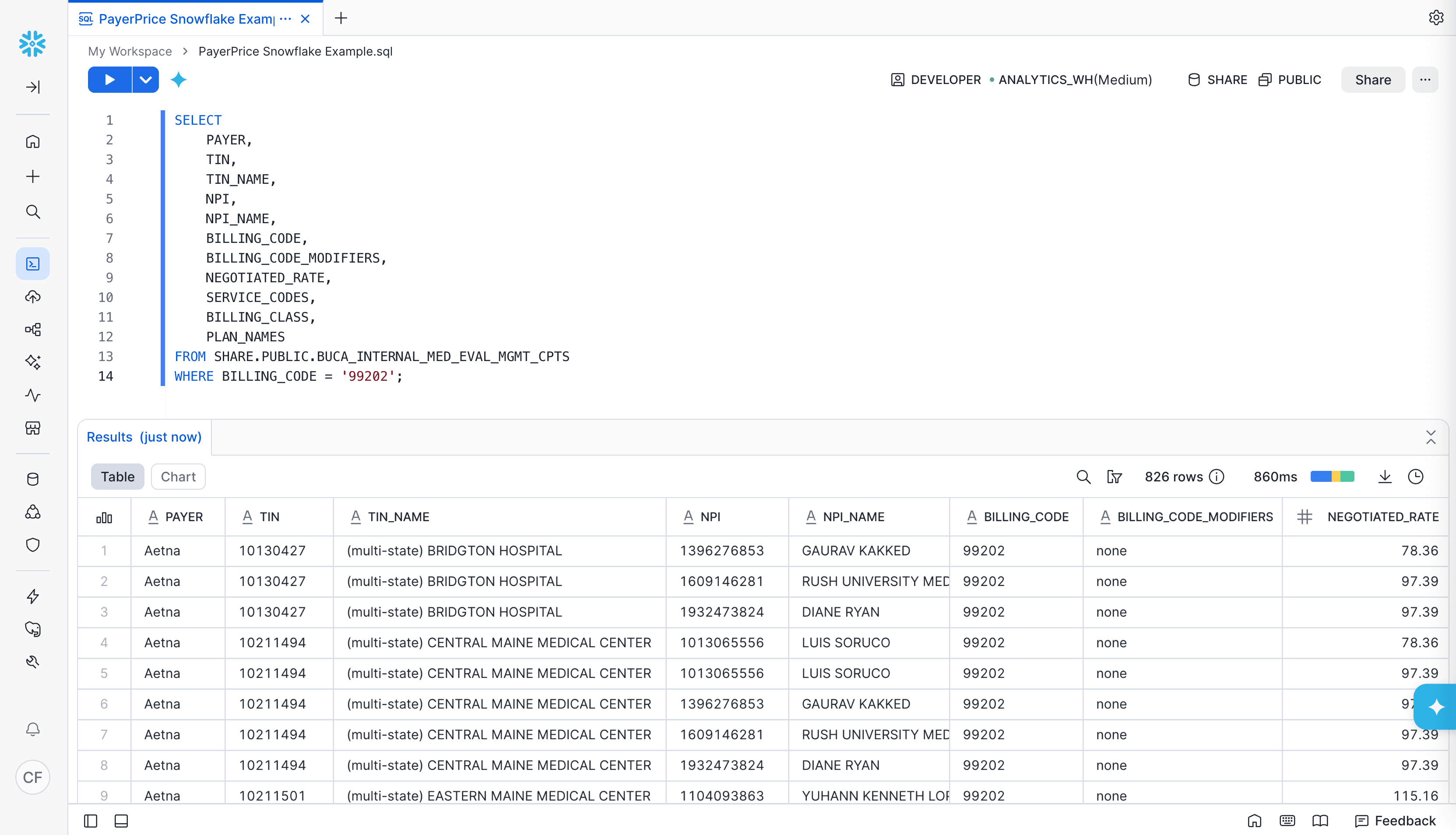 PayerPrice Snowflake data share example