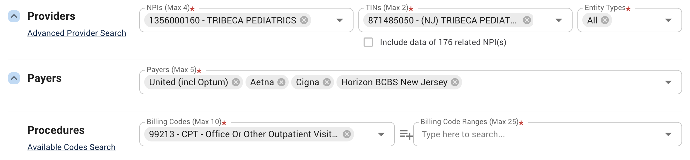 Fee schedule lookup example